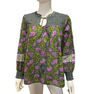 Rachel Zoe Floral Smocked Blouse XS Cotton Boho Bohemian pink purple floral